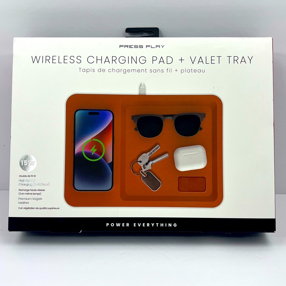 PRESS PLAY WIRELESS CHARGING PAD & VALET TRAY, BROWN COLOR, CHARGE ALL DEVICES